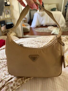Prada Tan Nylon Shoulder Bag with Triangular Logo
